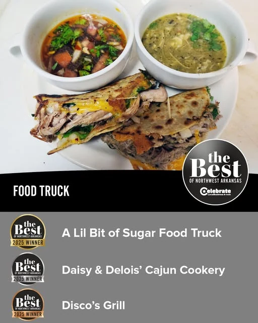 2025 Best of Northwest Arkansas Food Truck award results showing A Lil Bit of Sugar Food Truck as a Gold winner